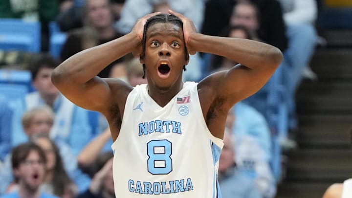 Jan 21, 2026; Chapel Hill, North Carolina, USA; North Carolina Tar Heels forward Caleb Wilson (8) reacts in the second half at Dean E. Smith Center.