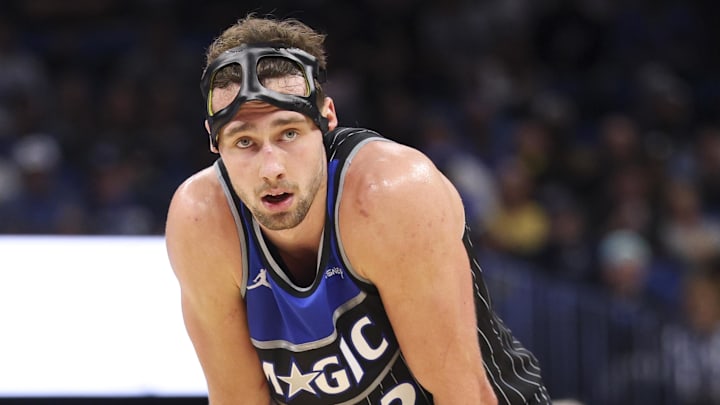Dec 3, 2025; Orlando, Florida, USA; Orlando Magic forward Franz Wagner (22) looks on against the San Antonio Spurs in the third quarter at Kia Center. Mandatory Credit: Nathan Ray Seebeck-Imagn Images