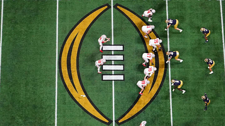 Jan 20, 2025; Atlanta, GA, USA; A general view as the Ohio State Buckeyes offense prepares to snap the ball during the second quarter against the Notre Dame Fighting Irish the College Football Playoff National Championship game at Mercedes-Benz Stadium. Mandatory Credit: James Lang-Imagn Images