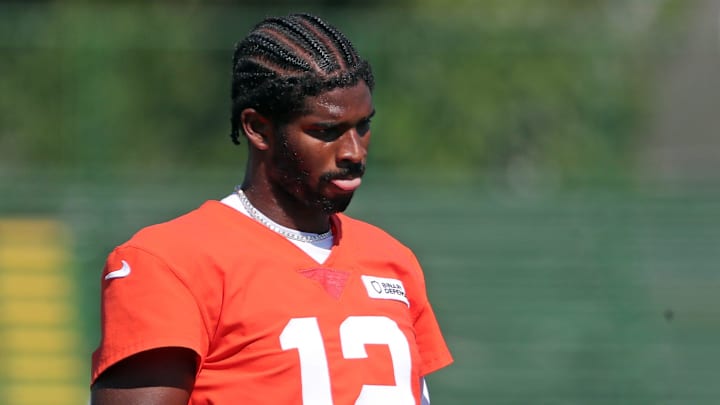 Cleveland Browns quarterback Shedeur Sanders (12) heads back to the sideline during NFL training camp practice at the Cleveland Browns training facility, Wednesday, July 23, 2025, in Berea, Ohio. Cleveland Browns quarterback Shedeur Sanders (12) heads back to the sideline during NFL training camp practice at the Cleveland Browns training facility, Wednesday, July 23, 2025, in Berea, Ohio.