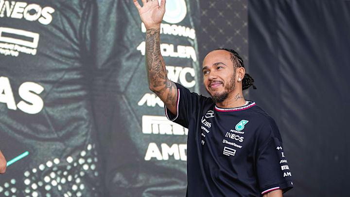 Mercedes-AMG Petronas driver Lewis Hamilton waves to the crowd during a fan experience in the Germania Insurance Amphitheater at the Formula 1 Pirelli United States Grand Prix at Circuit of the Americas on Saturday, Oct. 19, 2024.
