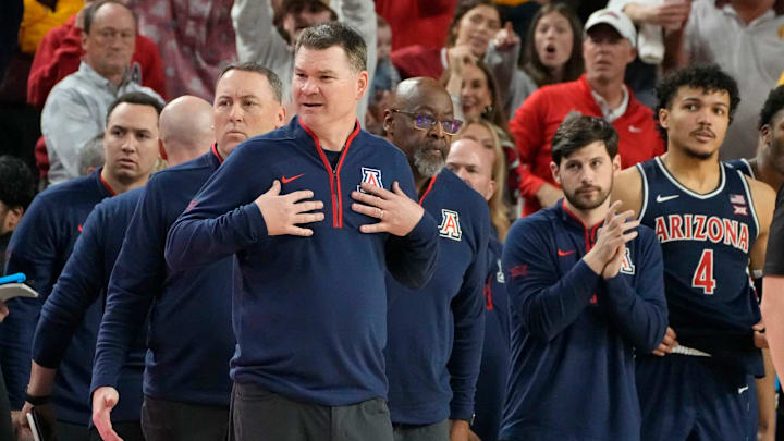 Arizona Wildcats head coach Tommy Lloyd reacts after Arizona State Sun Devils head coach Bobby Hurley instructs his team to go to the locker room before the end of a Big 12 men's basketball game at Desert Financial Arena on Feb. 1, 2025, in Tempe.