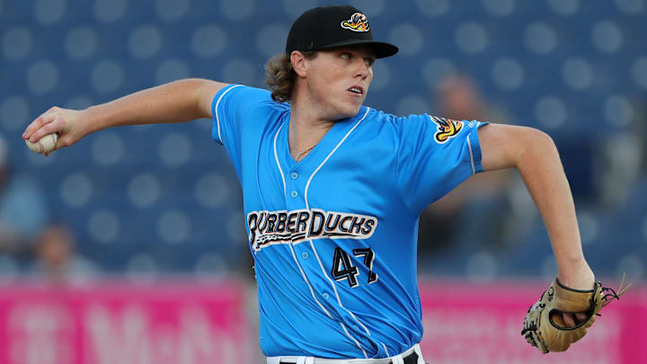 RubberDucks starting pitcher Austin Peterson throws against the Erie SeaWolves during the first inning of Game 1 of the Eastern League Playoffs at Canal Park, Tuesday, Sept. 17, 2024.
