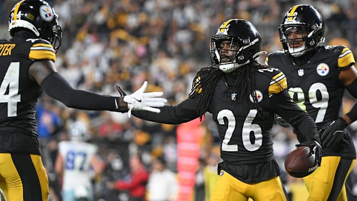 Oct 6, 2024; Pittsburgh, Pennsylvania, USA; Pittsburgh Steelers cornerback Donte Jackson (26) celebrates an interception with Joey Porter Jr. (24) against the Dallas Cowboys during the second quarter at Acrisure Stadium. Mandatory Credit: Barry Reeger-Imagn Images





