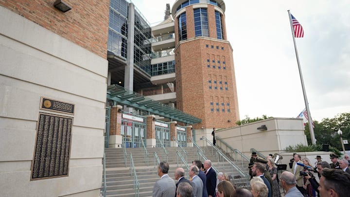 A new memorial with the names of former UT students who died while serving in WWII is dedicated at the University of Texas annual Veterans Day wreath-laying ceremony at Darrell K Royal-Texas Memorial Stadium Thursday November 7, 2024. The annual wreath-laying ceremony honors the service and sacrifice of Longhorn veterans and their families.