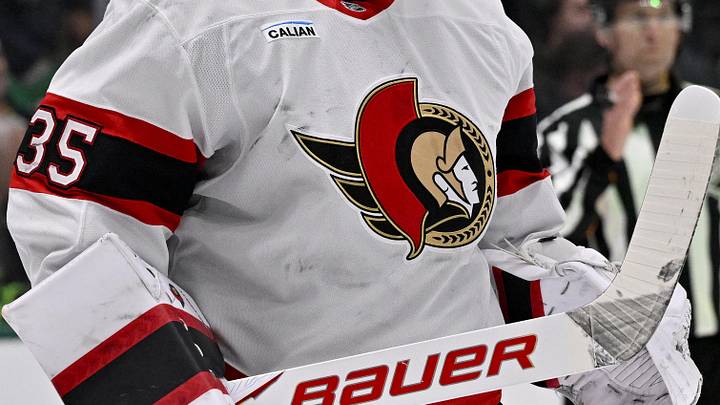 Nov 30, 2025; Dallas, Texas, USA; A view of the logo on the jersey of Ottawa Senators goaltender Linus Ullmark (35) during the game between the Stars and the Senators at the American Airlines Center. Mandatory Credit: Jerome Miron-Imagn Images