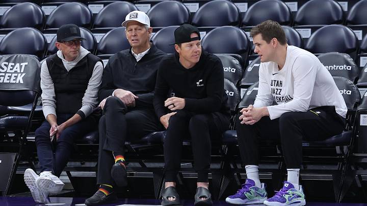 Feb 6, 2024; Salt Lake City, Utah, USA; From left to right, Utah Jazz general manager Justin Zanik, CEO Danny Ainge, owner Ryan Smith and head coach Will Hardy sit court side before the game between the Utah Jazz and the Oklahoma City Thunder at Delta Center. Mandatory Credit: Rob Gray-Imagn Images Feb 6, 2024; Salt Lake City, Utah, USA; From left to right, Utah Jazz general manager Justin Zanik, CEO Danny Ainge, owner Ryan Smith and head coach Will Hardy sit court side before the game between the Utah Jazz and the Oklahoma City Thunder at Delta Center. Mandatory Credit: Rob Gray-Imagn Images