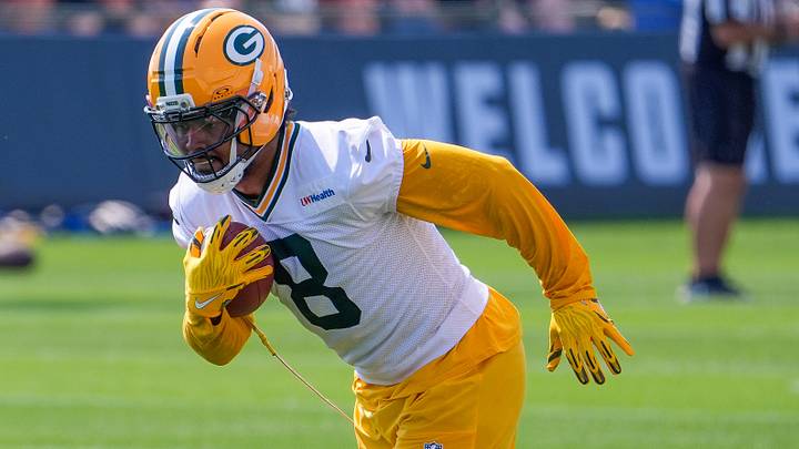 Green Bay Packers running back Josh Jacobs (8) runs through a drill during the second day of training camp Thursday, July 30, 2026, at the Don Hutson Center in Ashwaubenon, Wisconsin.