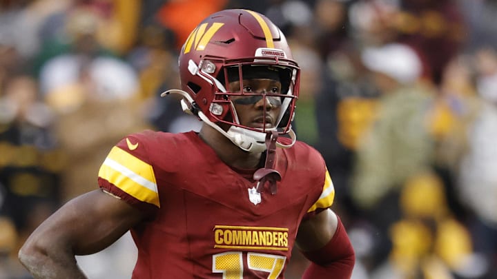 Nov 10, 2024; Landover, Maryland, USA; Washington Commanders wide receiver Terry McLaurin (17) looks on from the field during final minute of the game against the Pittsburgh Steelers at Northwest Stadium. Mandatory Credit: Amber Searls-Imagn Images