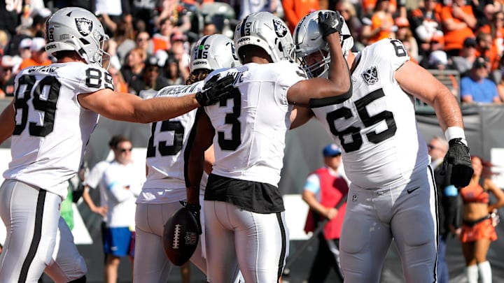 Las Vegas Raiders running back Zamir White (3) and his teammates celebrate White’s touchdown over the Cincinnati Bengals in the 1st quarter at Paycor Stadium Sunday, November 3, 2024.