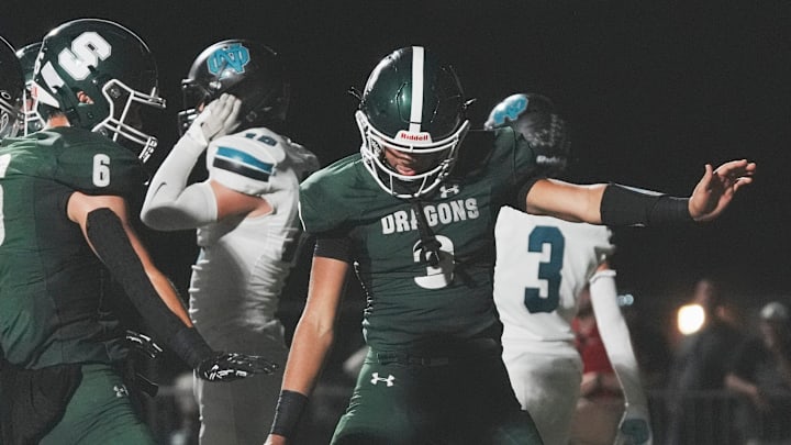 South Oldham's Ethan Arnold (3) celebrates his touchdown in the first half at South Oldham High School's Mitchell Irvin Stadium in KHSAA football at Crestwood, Kentucky. Sept. 13, 2024