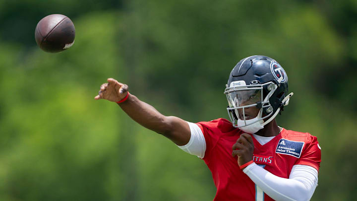 Tennessee Titans quarterback Cam Ward (1) throws in drills during OTAs at Ascension Saint Thomas Sports Park in Nashville, Tenn., Wednesday, May 28, 2025.