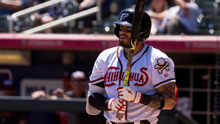 El Paso Chihuahuas’ Tiros Ornelas (46) goes up to bat at a game against the Sacramento River Cats on Wednesday, May 22, 2024, at Southwest University Park in Downtown El Paso, TX.