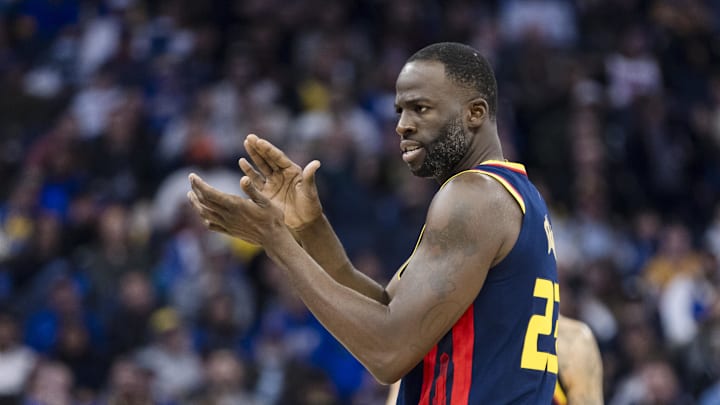 Nov 27, 2024; San Francisco, California, USA; Golden State Warriors forward Draymond Green (23) reacts during the first half of the game against the Oklahoma City Thunder at Chase Center. Mandatory Credit: John Hefti-Imagn Images