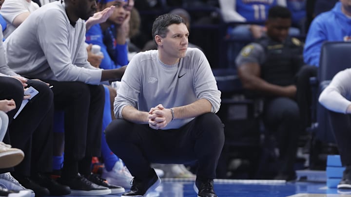 Jan 2, 2025; Oklahoma City, Oklahoma, USA; Oklahoma City Thunder head coach Mark Daigneault watches his team play against the Los Angeles Clippers during the second quarter at Paycom Center. Mandatory Credit: Alonzo Adams-Imagn Images Jan 2, 2025; Oklahoma City, Oklahoma, USA; Oklahoma City Thunder head coach Mark Daigneault watches his team play against the Los Angeles Clippers during the second quarter at Paycom Center. Mandatory Credit: Alonzo Adams-Imagn Images