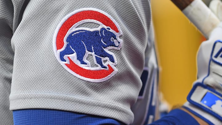 Jun 10, 2025; Philadelphia, Pennsylvania, USA; Chicago Cubs logo on the jersey of third base Matt Shaw (6) against the Philadelphia Phillies at Citizens Bank Park. 