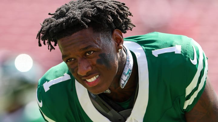 Sep 21, 2025; Tampa, Florida, USA; New York Jets cornerback Sauce Gardner (1) looks on before a game against the Tampa Bay Buccaneers at Raymond James Stadium. Mandatory Credit: Nathan Ray Seebeck-Imagn Images