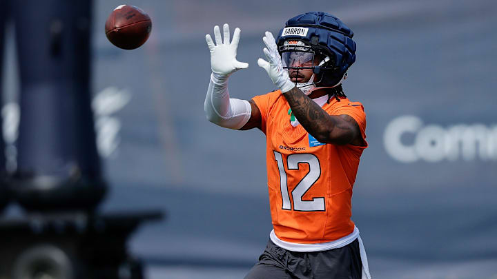 Jul 24, 2025; Englewood, CO, USA; Denver Broncos cornerback Jahdae Barron (12) during Denver Broncos Training Camp. Jul 24, 2025; Englewood, CO, USA; Denver Broncos cornerback Jahdae Barron (12) during Denver Broncos Training Camp.