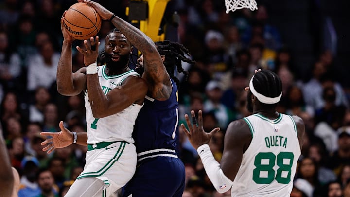 Jan 7, 2025; Denver, Colorado, USA; Boston Celtics guard Jaylen Brown (7) looks to pass under pressure from Denver Nuggets center DeAndre Jordan (6) as center Neemias Queta (88) positions in the second quarter at Ball Arena. Mandatory Credit: Isaiah J. Downing-Imagn Images Jan 7, 2025; Denver, Colorado, USA; Boston Celtics guard Jaylen Brown (7) looks to pass under pressure from Denver Nuggets center DeAndre Jordan (6) as center Neemias Queta (88) positions in the second quarter at Ball Arena. Mandatory Credit: Isaiah J. Downing-Imagn Images