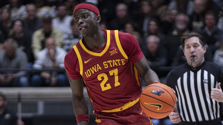 Dec 6, 2025; West Lafayette, Indiana, USA; Iowa State Cyclones guard Killyan Toure (27) dribbles the ball during the first half against the Purdue Boilermakers at Mackey Arena. Dec 6, 2025; West Lafayette, Indiana, USA; Iowa State Cyclones guard Killyan Toure (27) dribbles the ball during the first half against the Purdue Boilermakers at Mackey Arena.