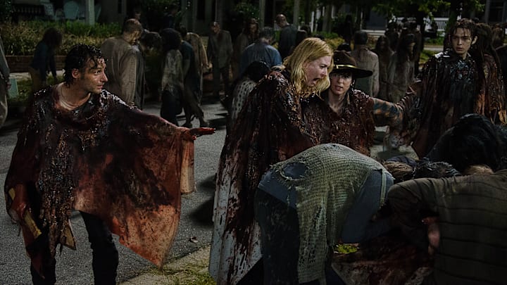 Andrew Lincoln as Rick Grimes, Chandler Riggs as Carl Grimes, Alexandra Breckenridge as Jessie Anderson, and Austin Abrams as Ron- The Walking Dead _ Season 6, Episode 9 - Photo Credit: Gene Page/AMC