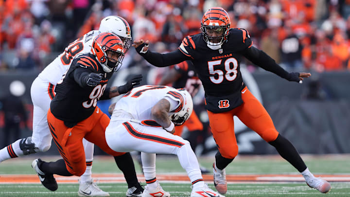 Dec 22, 2024; Cincinnati, Ohio, USA; Cleveland Browns quarterback Dorian Thompson-Robinson (17) is pressured by Cincinnati Bengals defensive end Joseph Ossai (58) and defensive tackle Kris Jenkins Jr. (90) during the first quarter at Paycor Stadium. Mandatory Credit: Joseph Maiorana-Imagn Images Dec 22, 2024; Cincinnati, Ohio, USA; Cleveland Browns quarterback Dorian Thompson-Robinson (17) is pressured by Cincinnati Bengals defensive end Joseph Ossai (58) and defensive tackle Kris Jenkins Jr. (90) during the first quarter at Paycor Stadium. Mandatory Credit: Joseph Maiorana-Imagn Images