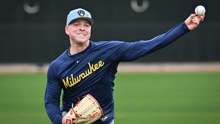 Milwaukee Brewers pitcher Kyle Harrison throws in the outfield during spring training workouts Monday, February 16, 2026, at American Family Fields of Phoenix in Phoenix, Arizona.