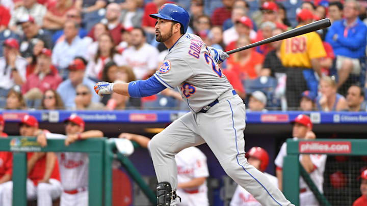 May 11, 2018; Philadelphia, PA, USA; New York Mets first baseman Adrian Gonzalez (23) against the