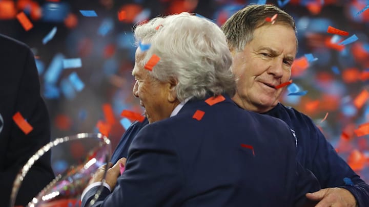 New England Patriots owner Robert Kraft hugs head coach Bill Belichick New England Patriots owner Robert Kraft hugs head coach Bill Belichick
