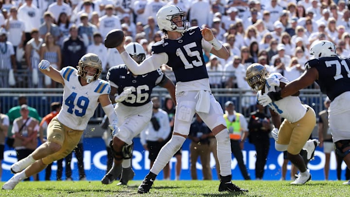 Penn State football quarterback Drew Allar (15) throws a pass during the fourth quarter against the UCLA Bruins at Beaver Stadium in 2024