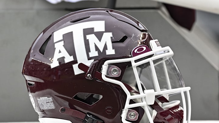 Sep 3, 2022; College Station, Texas, USA;  Texas A&M Aggies helmet on the sideline during the second half against the Sam Houston State Bearkats at Kyle Field. Mandatory Credit: Maria Lysaker-Imagn Images