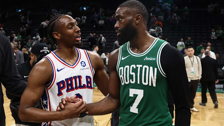 May 2, 2026; Boston, Massachusetts, USA; Philadelphia 76ers guard Tyrese Maxey (0) talks with Boston Celtics guard Jaylen Brown (7)after Philadephia’s win in game seven of the first round of the 2026 NBA Playoffs at TD Garden. Mandatory Credit: Winslow Townson-Imagn Images