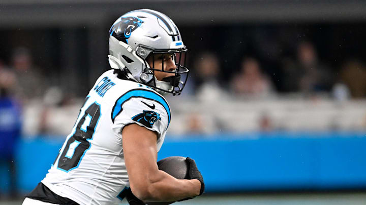 Carolina Panthers wide receiver Jalen Coker (18) with the ball in the fourth quarter at Bank of America Stadium. 