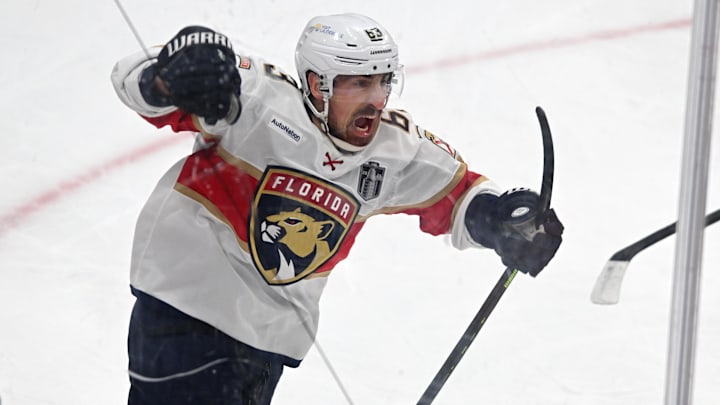Jun 6, 2025; Edmonton, Alberta, CAN; Florida Panthers center Brad Marchand (63) reacts after scoring a goal on Edmonton Oilers goaltender Stuart Skinner (74) during the second period in game two of the 2025 Stanley Cup Final at Rogers Place. Mandatory Credit: Walter Tychnowicz-Imagn Images