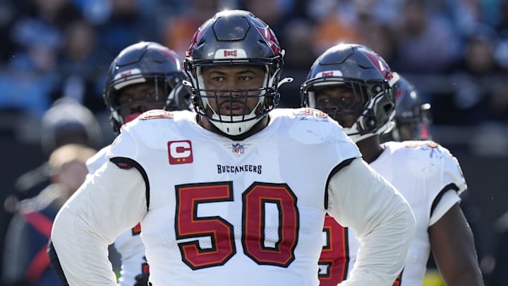 Jan 7, 2024; Charlotte, North Carolina, USA; Tampa Bay Buccaneers defensive tackle Vita Vea (50) during the second quarter against the Carolina Panthers at Bank of America Stadium. Mandatory Credit: Jim Dedmon-Imagn Images