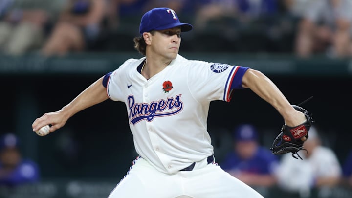 May 26, 2025; Arlington, Texas, USA; Texas Rangers pitcher Jacob deGrom (48) throws a pitch during the first inning against the Toronto Blue Jays at Globe Life Field. Mandatory Credit: Tim Heitman-Imagn Images