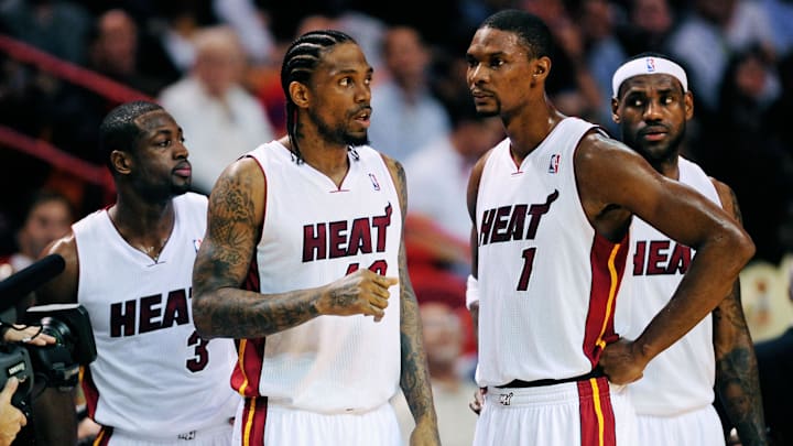 Nov. 17, 2010; Miami, FL, USA; Miami Heat players (from left) guard (3) Dwyane Wade , forward (40) Udonis Haslem , forward (1) Chris Bosh and forward (6) LeBron James against the Phoenix Suns at the American Airlines Arena. Miami defeated Phoenix 123-96. Mandatory Credit: Mark J. Rebilas-Imagn Images Nov. 17, 2010; Miami, FL, USA; Miami Heat players (from left) guard (3) Dwyane Wade , forward (40) Udonis Haslem , forward (1) Chris Bosh and forward (6) LeBron James against the Phoenix Suns at the American Airlines Arena. Miami defeated Phoenix 123-96. Mandatory Credit: Mark J. Rebilas-Imagn Images