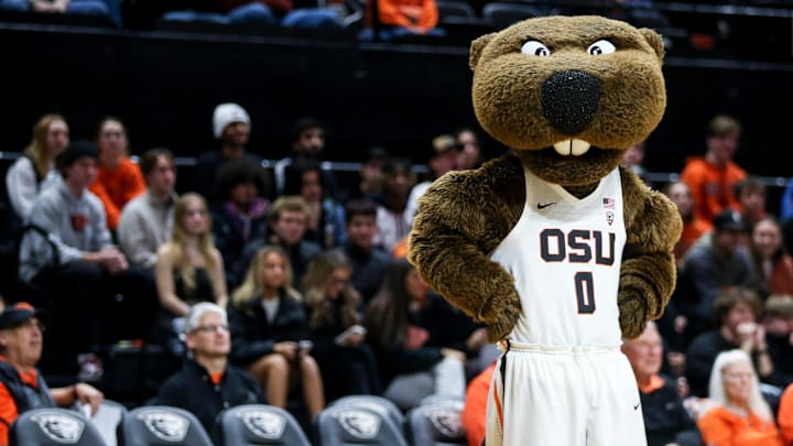 Benny Beaver hangs out on the court during half time as he waits for an Oregon State Beavers game to resume. He has ben the schools mascot since 1952.