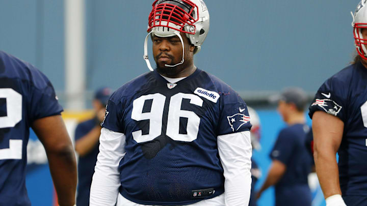Jun 7, 2016; Foxborough, MA, USA; New England Patriots defensive tackle Terrance Knighton (96) during mini camp at Gillette Stadium. Mandatory Credit: Winslow Townson-Imagn Images Jun 7, 2016; Foxborough, MA, USA; New England Patriots defensive tackle Terrance Knighton (96) during mini camp at Gillette Stadium. Mandatory Credit: Winslow Townson-Imagn Images