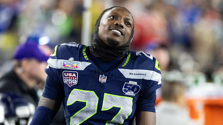 Feb 8, 2026; Santa Clara, CA, USA; Seattle Seahawks cornerback Riq Woolen (27) against the New England Patriots during Super Bowl LX at Levi's Stadium. Mandatory Credit: Mark J. Rebilas-Imagn Images