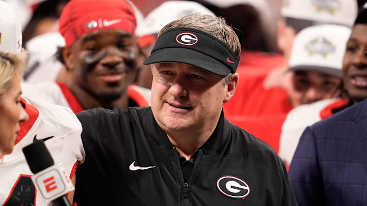 Dec 6, 2025; Atlanta, GA, USA; Georgia Bulldogs head coach Kirby Smart looks on after the game against the Alabama Crimson Tide during the 2025 SEC Championship game at Mercedes-Benz Stadium. Mandatory Credit: Dale Zanine-Imagn Images