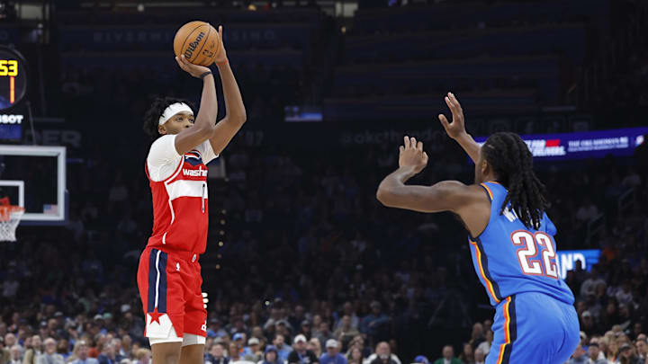 Oct 30, 2025; Oklahoma City, Oklahoma, USA; Washington Wizards guard Bilal Coulibaly (0) shoots over Oklahoma City Thunder guard Cason Wallace (22) during the second quarter at Paycom Center. Mandatory Credit: Alonzo Adams-Imagn Images Oct 30, 2025; Oklahoma City, Oklahoma, USA; Washington Wizards guard Bilal Coulibaly (0) shoots over Oklahoma City Thunder guard Cason Wallace (22) during the second quarter at Paycom Center. Mandatory Credit: Alonzo Adams-Imagn Images
