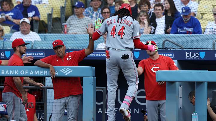 Sep 7, 2026; Los Angeles, California, USA; Cincinnati Reds infielder Elly De La Cruz (44) celebrates with teammates and coaches in the dugout after hitting a solo home run against Los Angeles Dodgers starting pitcher Emmet Sheehan (not pictured) during the first inning at Dodger Stadium. Mandatory Credit: Kiyoshi Mio-Imagn Images Sep 7, 2026; Los Angeles, California, USA; Cincinnati Reds infielder Elly De La Cruz (44) celebrates with teammates and coaches in the dugout after hitting a solo home run against Los Angeles Dodgers starting pitcher Emmet Sheehan (not pictured) during the first inning at Dodger Stadium. Mandatory Credit: Kiyoshi Mio-Imagn Images