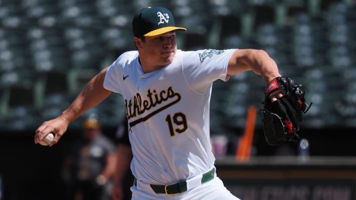May 1, 2024; Oakland, California, USA; Oakland Athletics relief pitcher Mason Miller (19) pitches the ball against the Pittsburgh Pirates during the ninth inning at Oakland-Alameda County Coliseum.