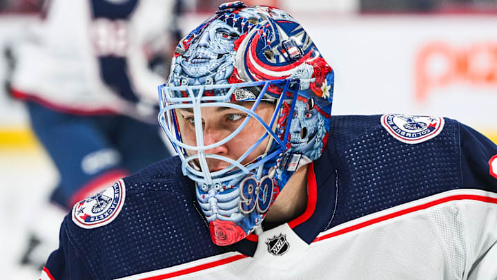 Mar 12, 2024; Montreal, Quebec, CAN; Columbus Blue Jackets goalie Elvis Merzlikins (90) looks on