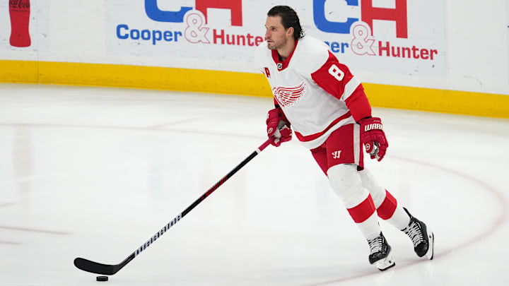 Detroit Red Wings defenseman Ben Chiarot (8) warms up prior to Detroit's clash with the Panthers.