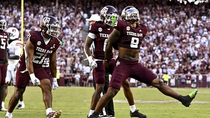Texas A&M Aggies defensive end Cashius Howell (9) reacts after a sack during the fourth quarter against the Auburn Tigers at Kyle Field.