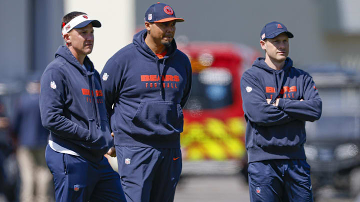 Chicago Bears defensive coordinator Dennis Allen, general manager Ryan Poles and head coach Ben Johnson.