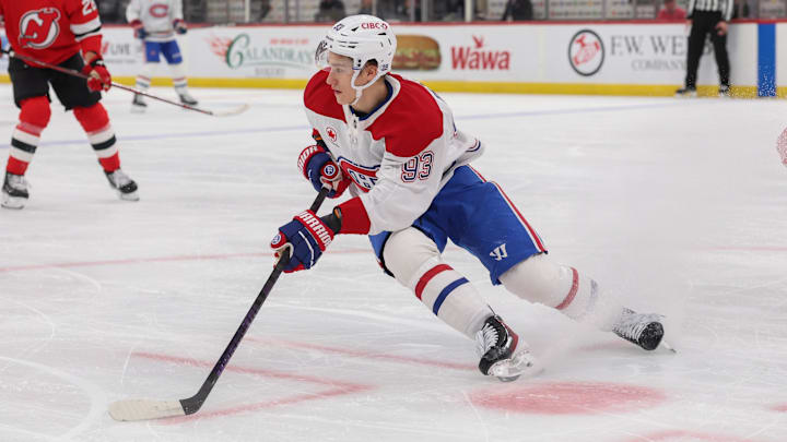 Nov 6, 2025; Newark, New Jersey, USA; Montréal Canadiens right wing Ivan Demidov (93) skates with the puck against the New Jersey Devils during the first period at Prudential Center. Mandatory Credit: Ed Mulholland-Imagn Images
