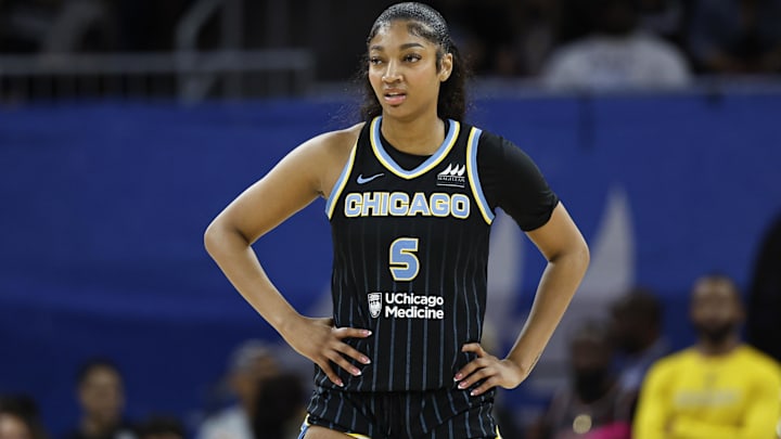 Chicago Sky forward Angel Reese (5) looks on during the first half of a basketball game against the Las Vegas Aces.